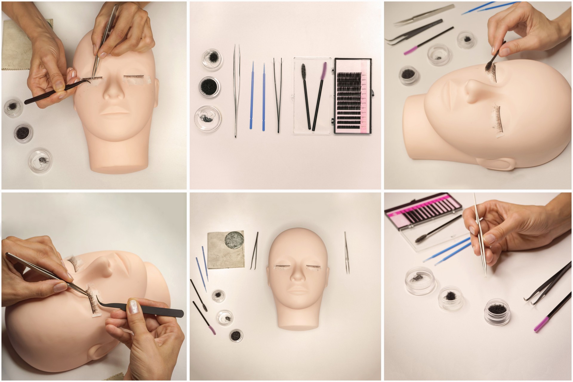Collage from different pictures of training eyelash extensions.